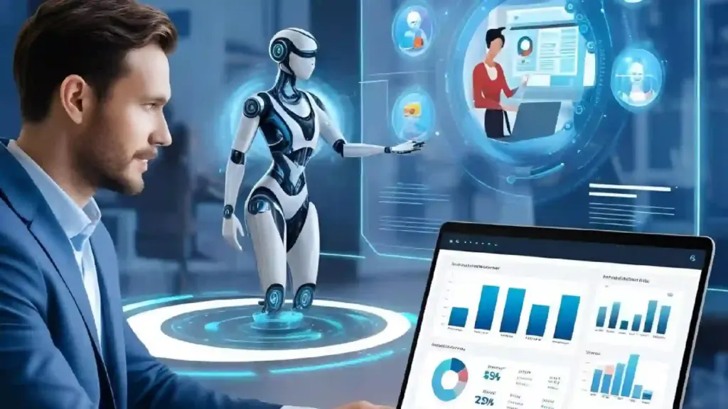 Businessman watches a holographic robot presenting data and charts projected in a high-tech interface with a laptop nearby.