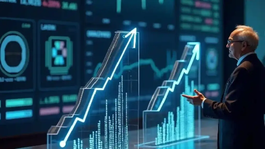 Executive in a suit observes upward-trending 3D financial charts projected in blue neon, in a high-tech control room.