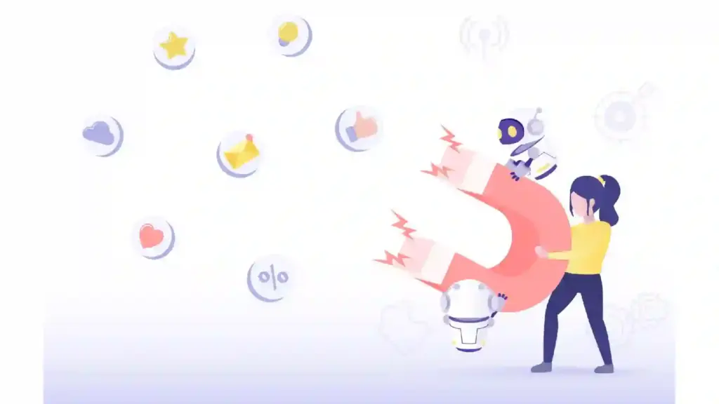 Illustration of a person and a child pulling a large magnet, attracting floating social icons (like, heart, star, mail, percent).