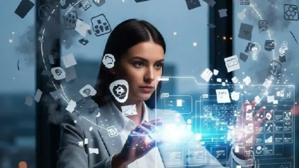Businesswoman interacting with futuristic holographic interfaces and floating icons.