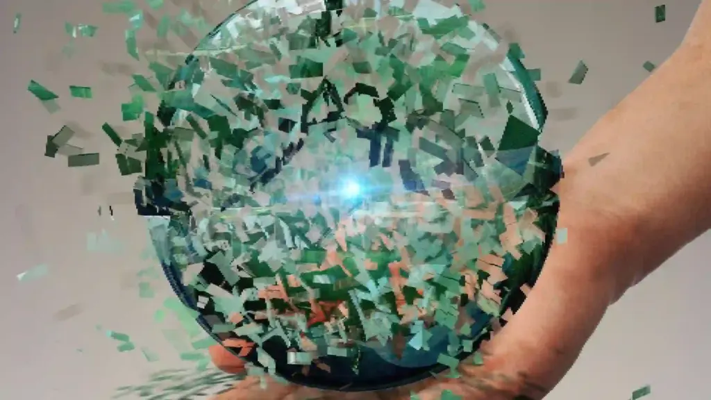 Green mirrored disco ball held by a hand, with green confetti pieces flying around it and a bright light at the center.