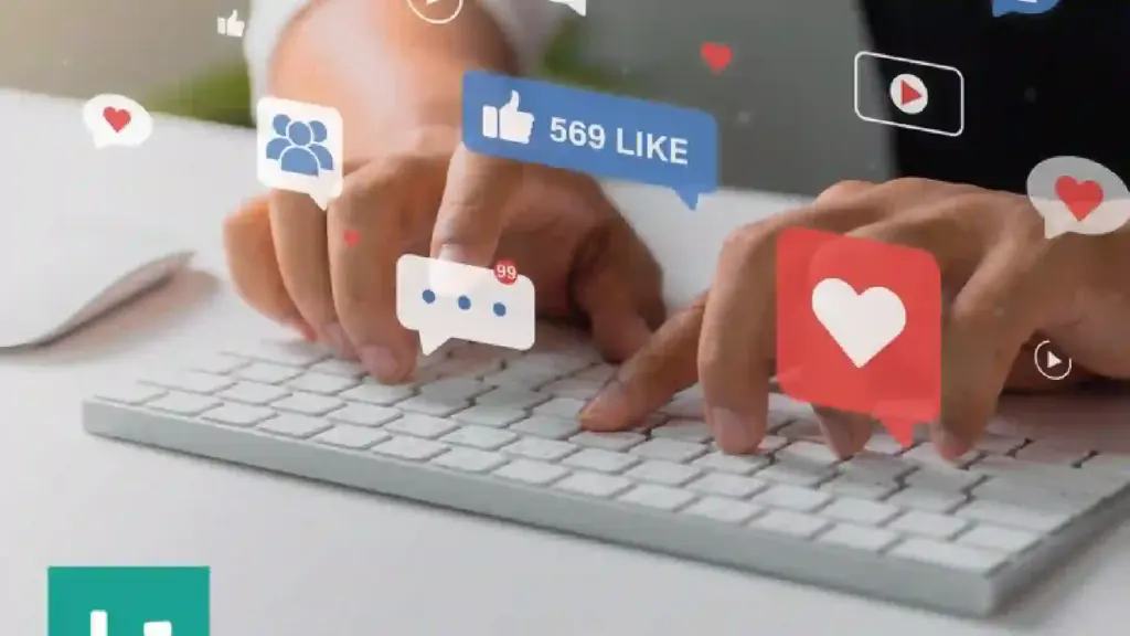 Hands typing on a keyboard with floating social media icons (Like, Heart, Comment, Play) around them for emphasis on online engagement.