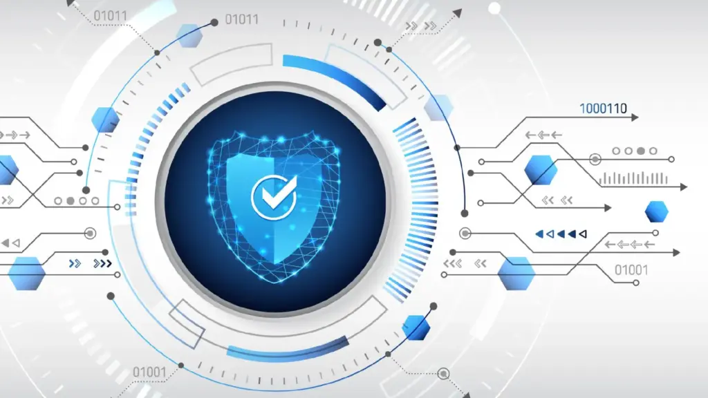 Abstract cybersecurity illustration with a glowing shield inside a circular tech HUD, symbolizing data protection and encryption.
