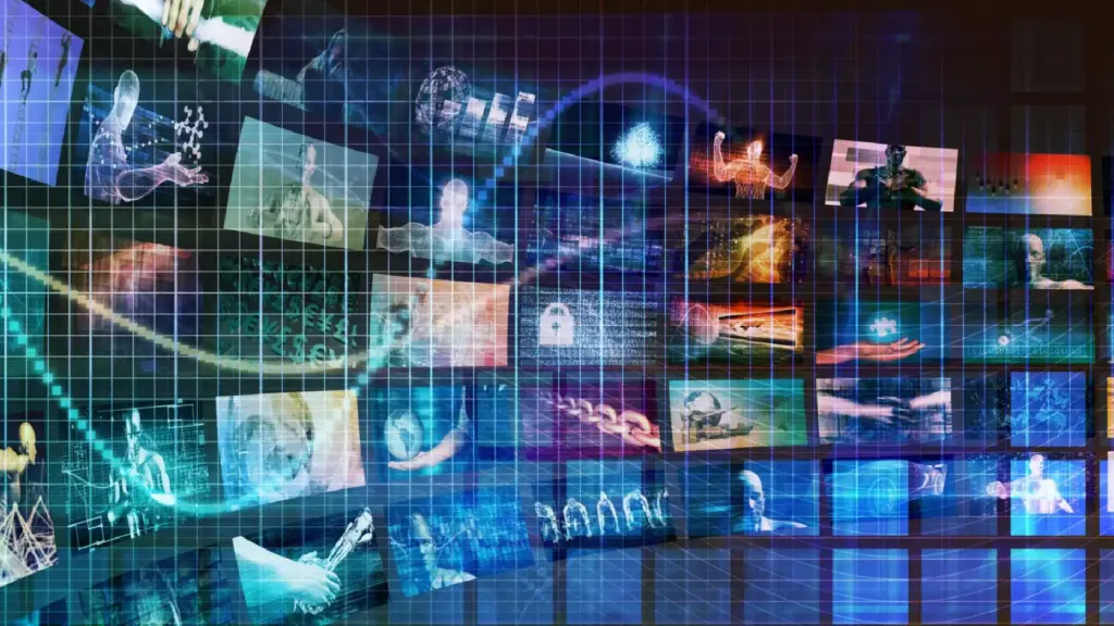 Collage of glowing screens and data visuals on a blue grid background, representing digital media and information networks.