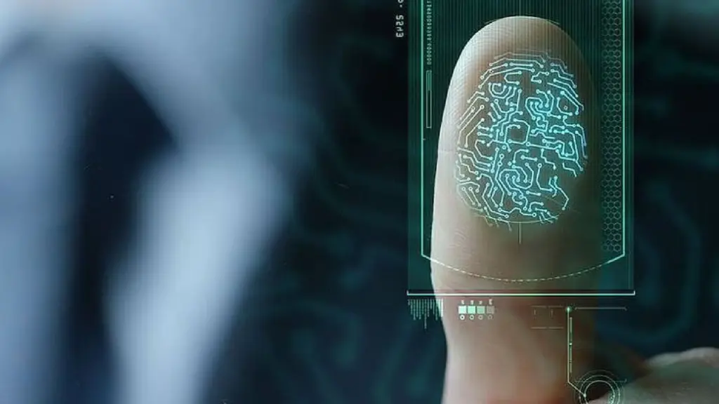 Close-up of a fingertip with a digital fingerprint overlay on a biometric scanner background