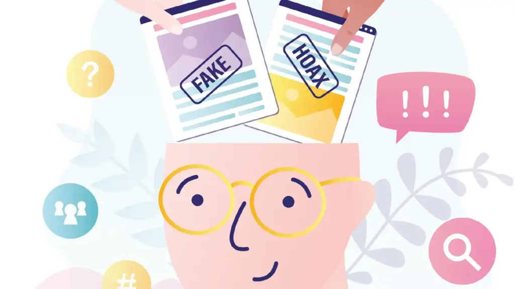 Cartoon of a person with round glasses examining two papers stamped FAKE and HOAX.