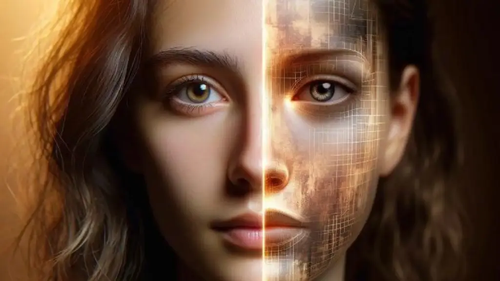 Close-up portrait of a woman with half her face real and half covered by a digital grid, symbolizing AI integration.