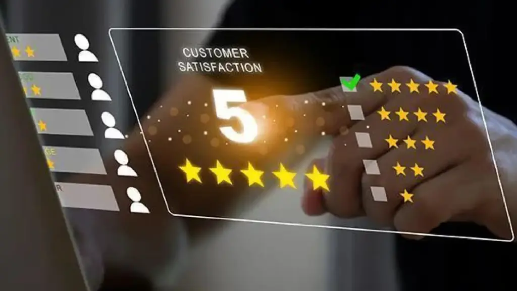 Hand reaches toward a glowing five-star rating under the words 'Customer Satisfaction' on a dark background.