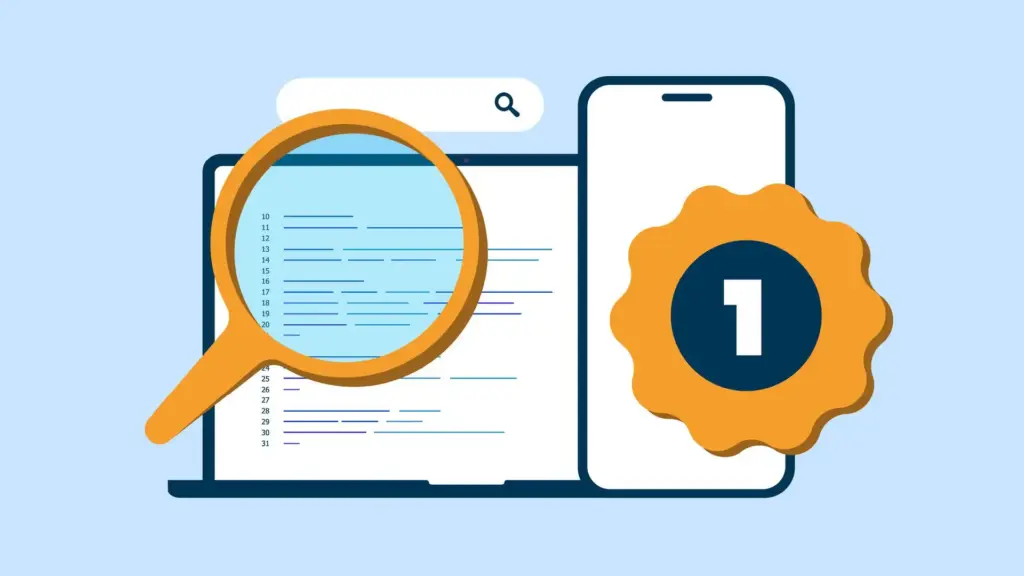 Magnifying glass over a laptop screen showing lines of text, with a smartphone beside it and a gold '1' badge—symbolizing top search results or ranking.