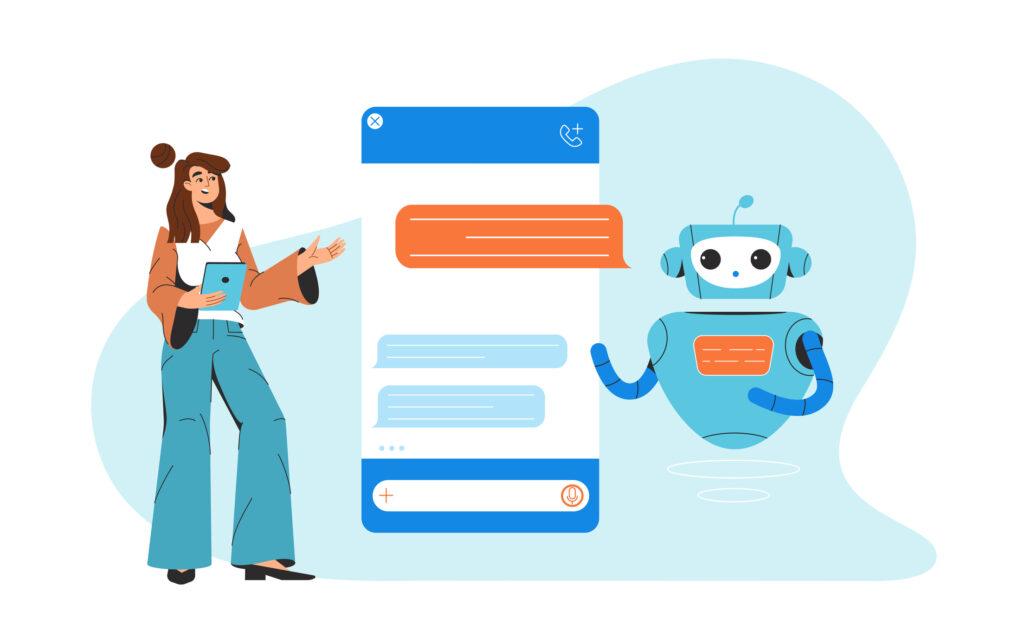 Flat woman chatting with chatbot communicating AI robot assistant - Brill Creations