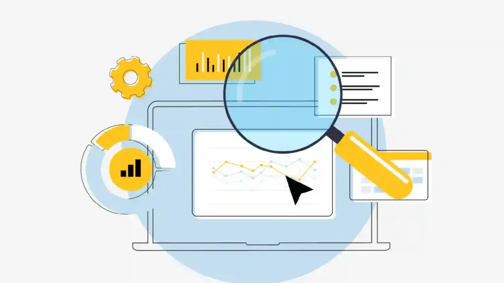Abstract data analysis illustration: laptop showing charts, magnifying glass, headset, and gear icons with blue and yellow accents in a circular background.
