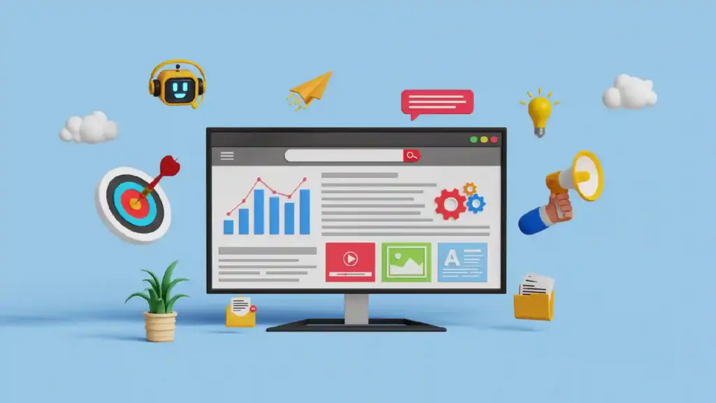 Monitor displaying a website layout with charts and labeled content, surrounded by colorful marketing icons and symbols in a blue background.