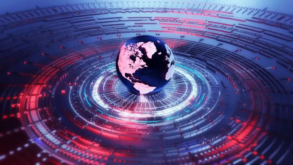 3D globe at the center surrounded by concentric neon rings of red and blue data lines.