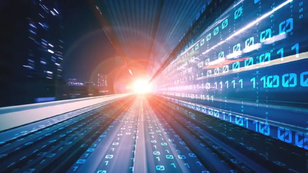 Neon blue data stream rushing through a tunnel of binary digits toward a bright light.