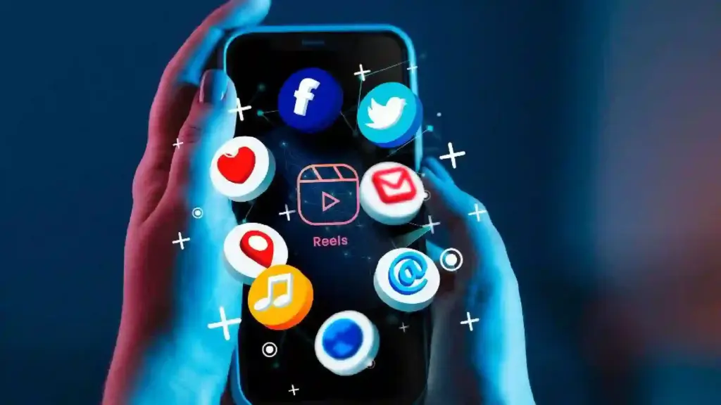 Two hands hold a smartphone with floating social media icons (Facebook, Twitter, Instagram) around the screen for a mobile social media concept.