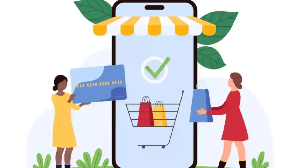 Illustration of a smartphone storefront with a yellow-and-white awning, shopping cart, and two people placing cards and bags for online shopping.