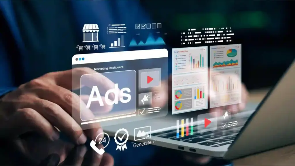 Person typing on a laptop with floating holographic marketing dashboards and charts above the keyboard