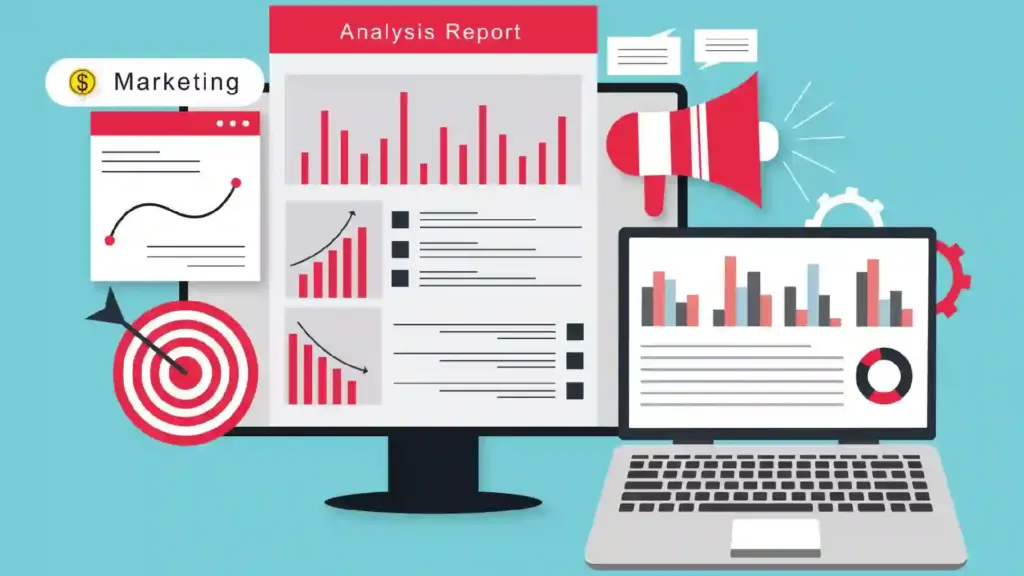 Analytics dashboard with charts and a megaphone over a laptop screen, conveying marketing analysis and reporting