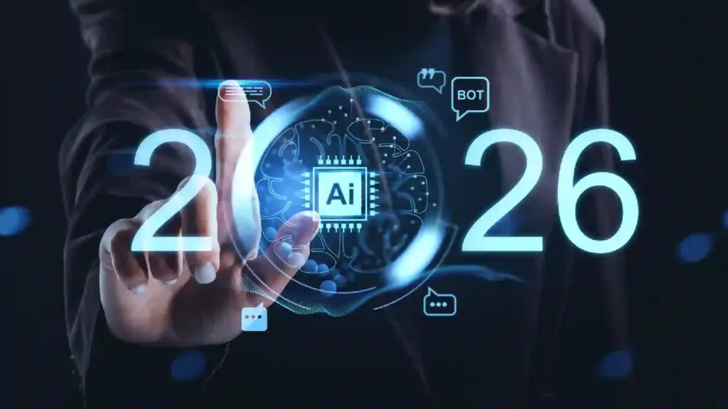 Finger taps a glowing AI microchip surrounded by a neon brain circuitry design with 'AI' at center and '2026' in blue lights.