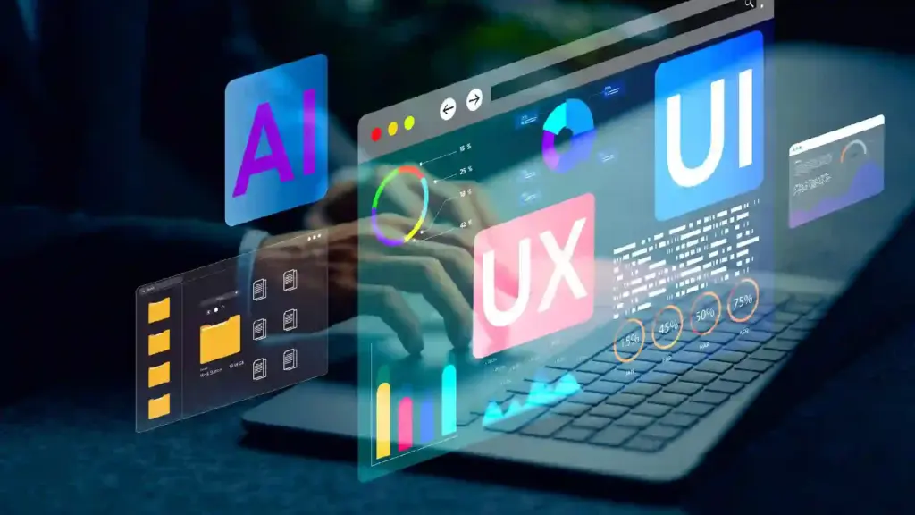 Abstract concept image showing floating UI panels with AI, UX, and UI letters overlaid on a keyboard, representing digital design and data visualization tools