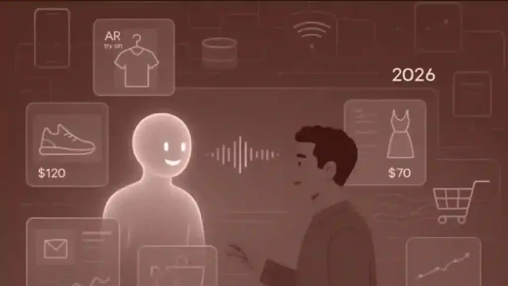 Abstract digital shopping scene with AR try-on card, product icons and prices (0 sneaker,  dress) and user silhouettes around a glowing avatar.