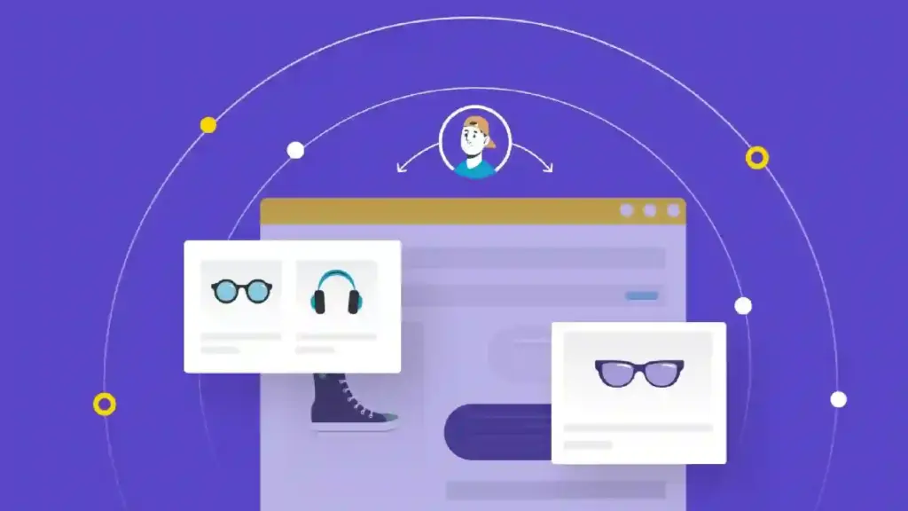 Abstract illustration of an e-commerce interface with product cards (glasses, headphones) over a purple browser window.