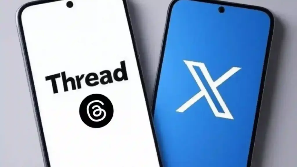 Two tilted smartphones showing app logos: left screen reads 'Thread' with a circular icon, right screen displays the white 'X' logo on blue.