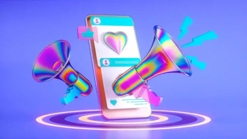 Colorful 3D illustration of a smartphone with a heart on screen, flanked by neon megaphones.