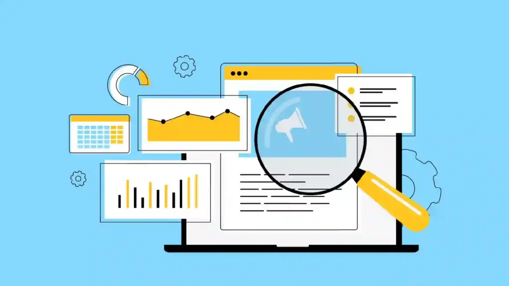 Illustration of a laptop with charts, documents, and a magnifying glass symbolizing data analysis.