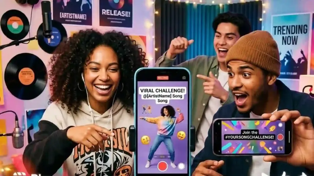 Three friends smile and record a viral challenge on phones in a colorful studio with posters and neon lights in the background.