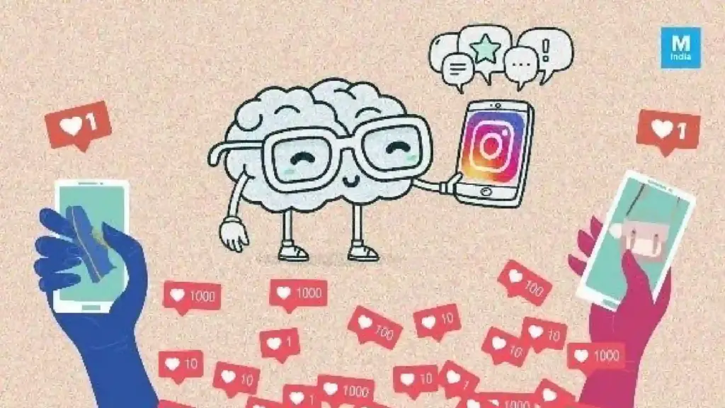 Cartoon brain with glasses holding a phone showing the Instagram logo, surrounded by many like notifications.