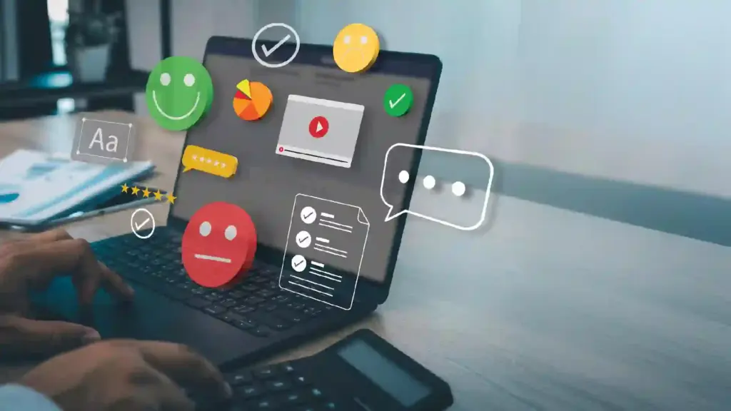 New Project - 2026-06-01T131724036 - Brill Creations Laptop with colorful floating icons representing feedback, ratings, and analytics around the screen (informational).