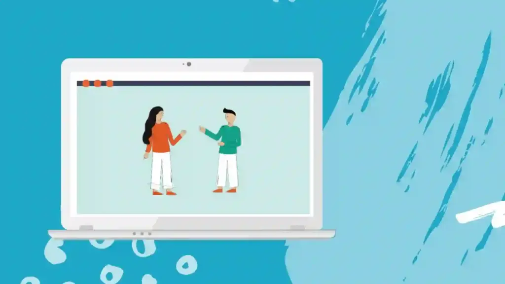 New Project - 2026-06-01T134919414 - Brill Creations Two people chatting on a laptop screen, shown in a simple illustration with a blue abstract background, implying a video call or online meeting.
