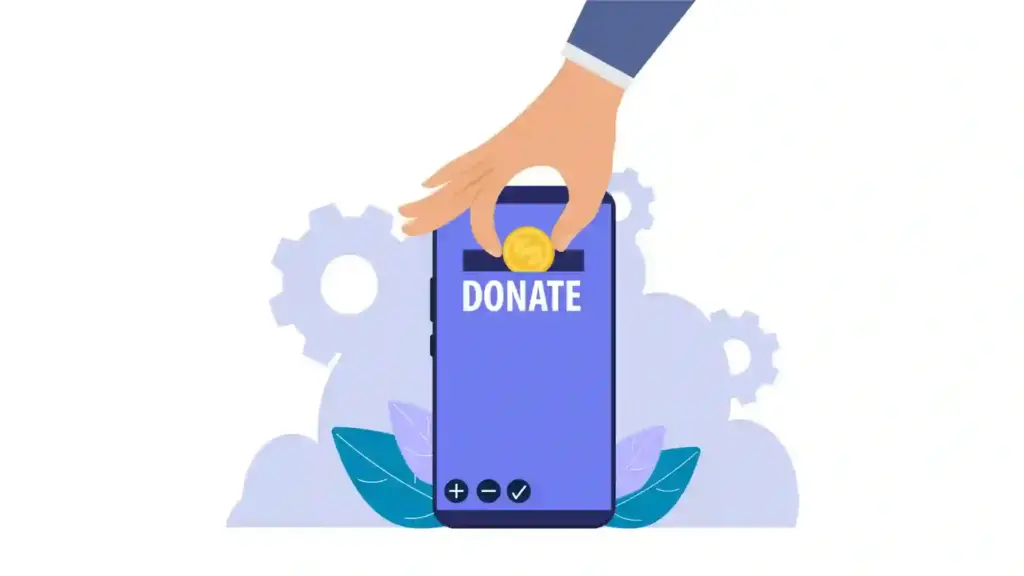 New Project - 2026-06-01T134932529 - Brill Creations Hand placing a coin into a smartphone screen that reads 'DONATE' with gears and leaves in the background, illustrating mobile giving.