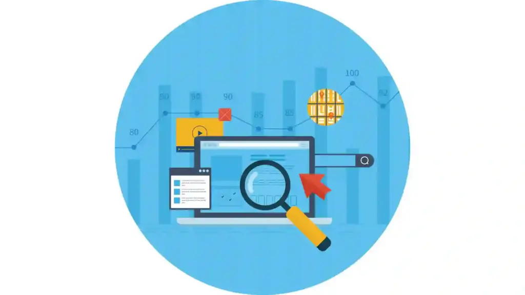 New Project - 2026-06-01T134945794 - Brill Creations Abstract illustration of a laptop with a magnifying glass, charts, and data icons, symbolizing data analysis and research in a blue circle.