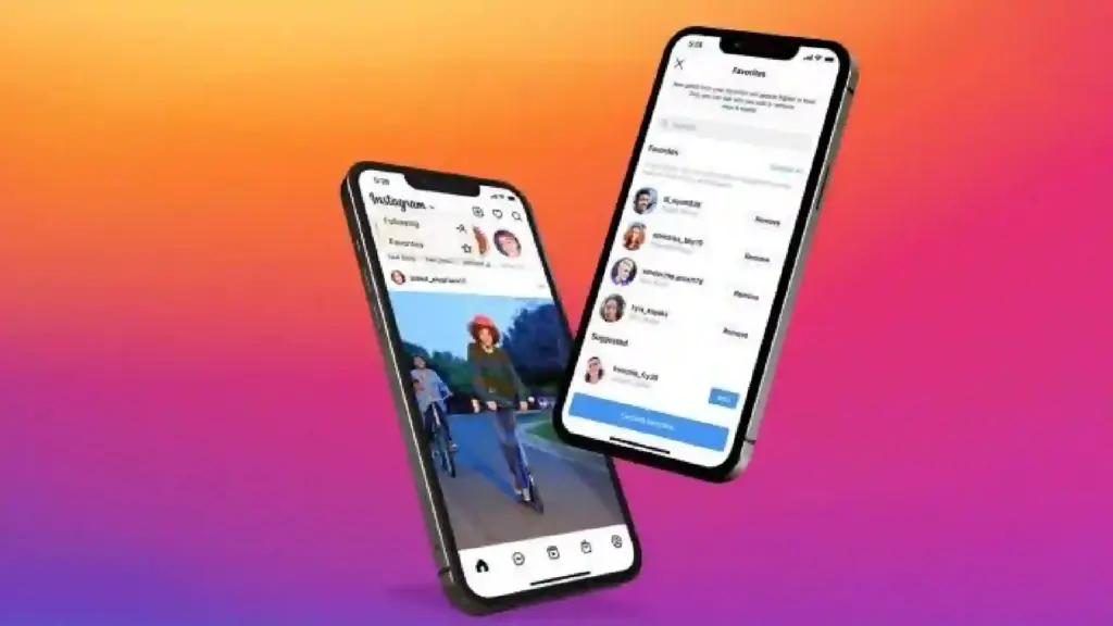 Two smartphones display Instagram screens (feed and profiles) against a pink–orange gradient background, tilted midair to the left and right of center.