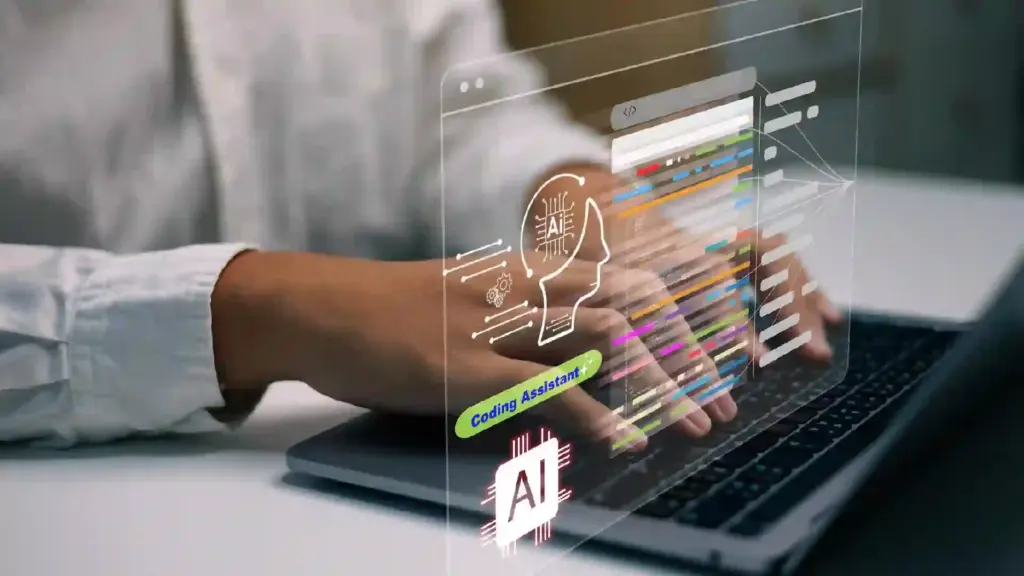 Person typing on a laptop with a translucent AI interface and code streams projected above the keyboard, conveying a coding assistant theme.