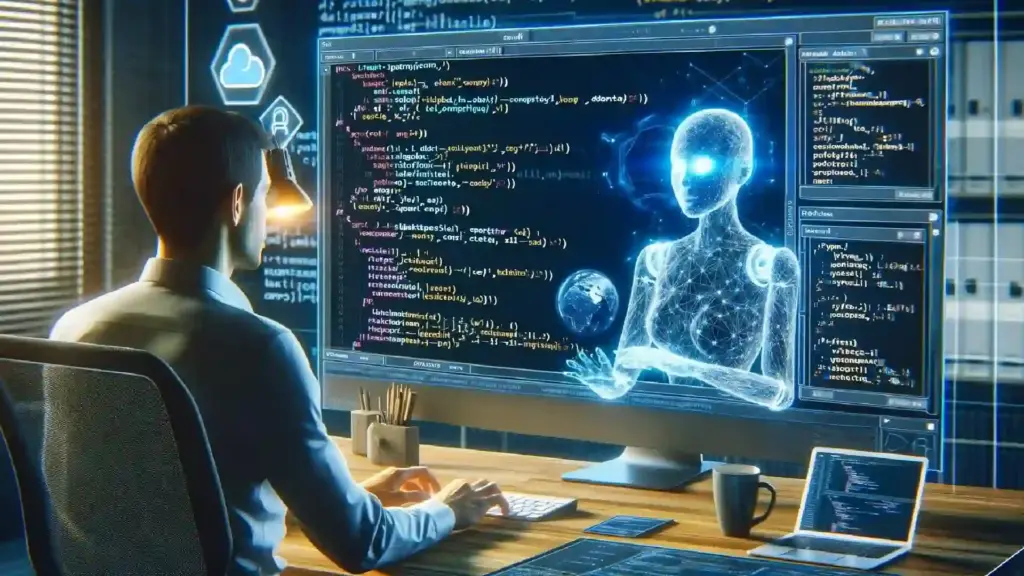 Person coding at a desk with a large monitor showing code and a glowing holographic humanoid figure on screen.