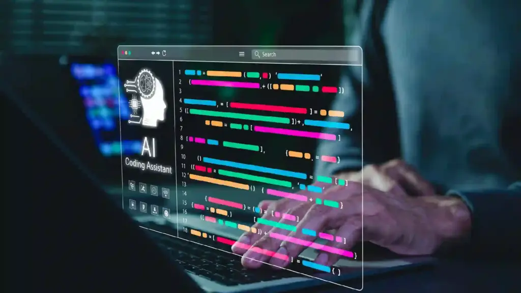 Holographic code editor projected over a laptop, with multi-colored code lines and an AI Coding Assistant panel.