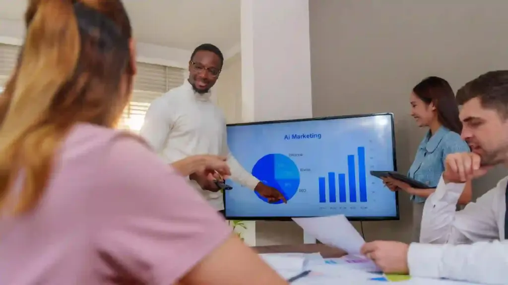 Team presents AI Marketing data to colleagues, pointing to a pie chart and bar graph on a large monitor in a conference room.