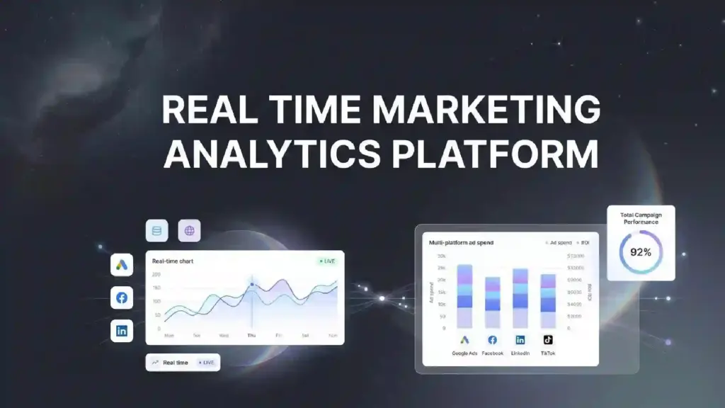 Dark space-themed banner with bold text: 'REAL TIME MARKETING ANALYTICS PLATFORM' and floating analytics dashboards and icons in the foreground