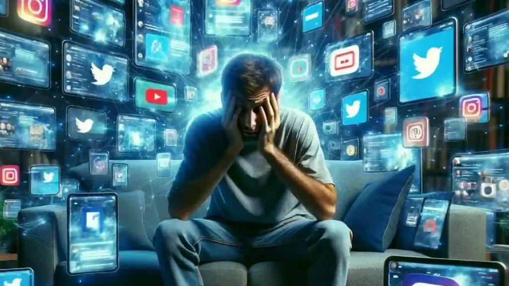 Man sits on a couch holding his head in distress as numerous floating social media app icons swirl around him, symbolizing online overload.