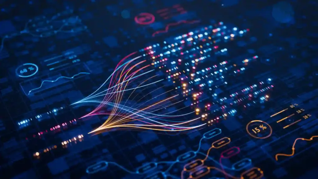 Abstract data visualization: glowing multicolor lines arc over a blue circuitry backdrop suggesting a futuristic dashboard.