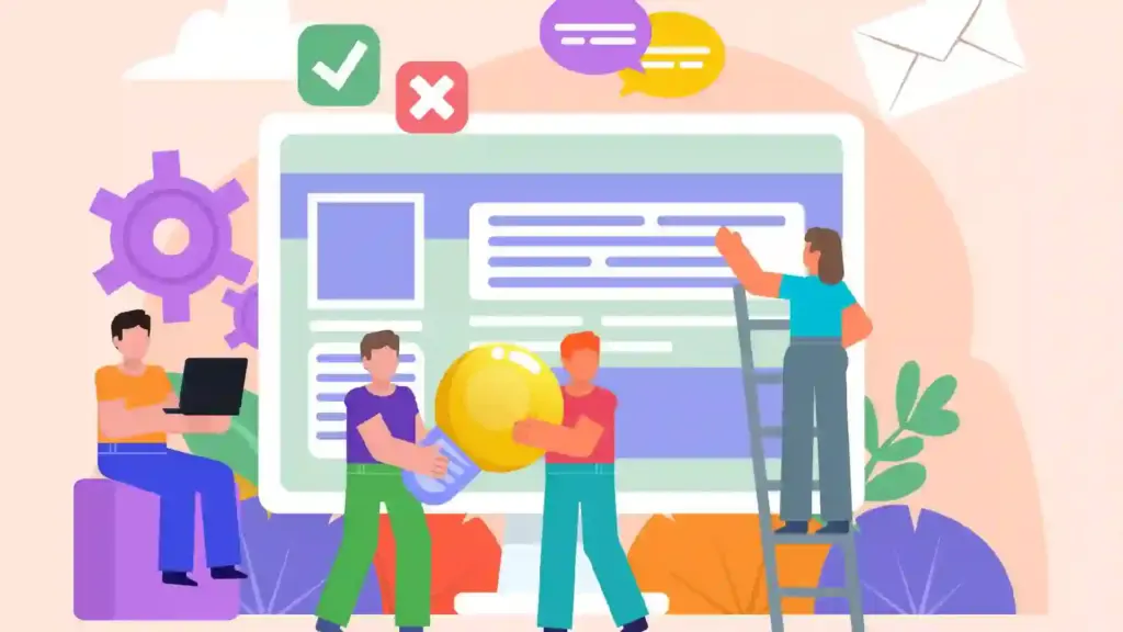 Team of people collaborating to build or update a website on a large monitor, with gears, chat bubbles, and a ladder in a bright illustration.