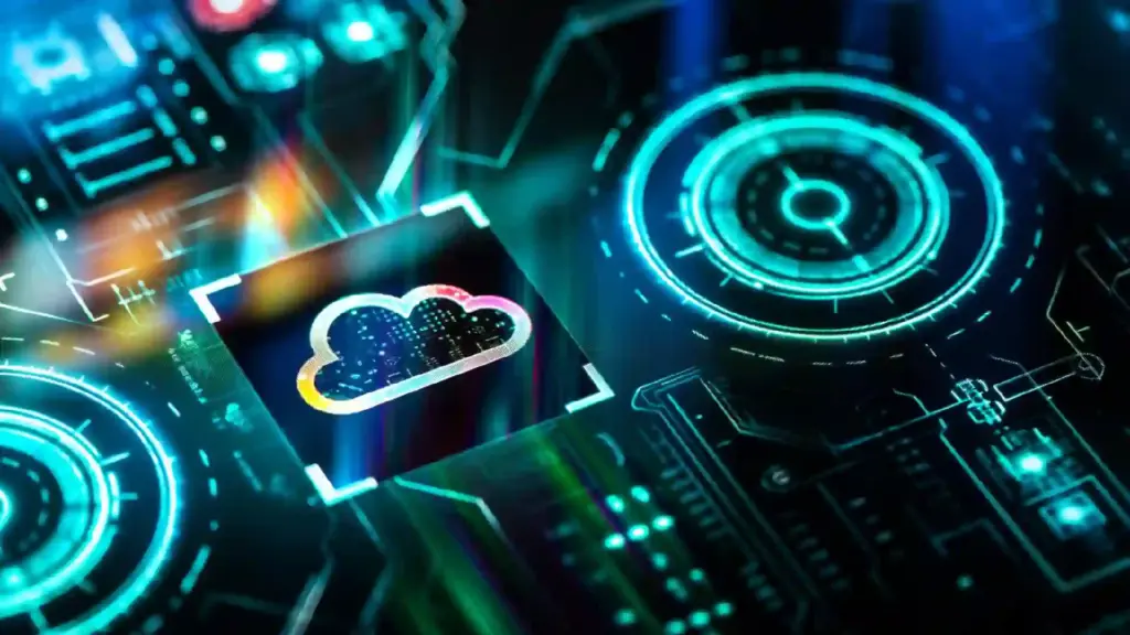 Futuristic HUD with glowing blue rings and a cloud icon, representing cloud computing