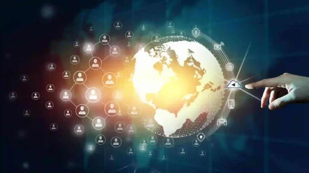 Globe with network nodes and a finger touching a cloud, symbolizing global digital connectivity.