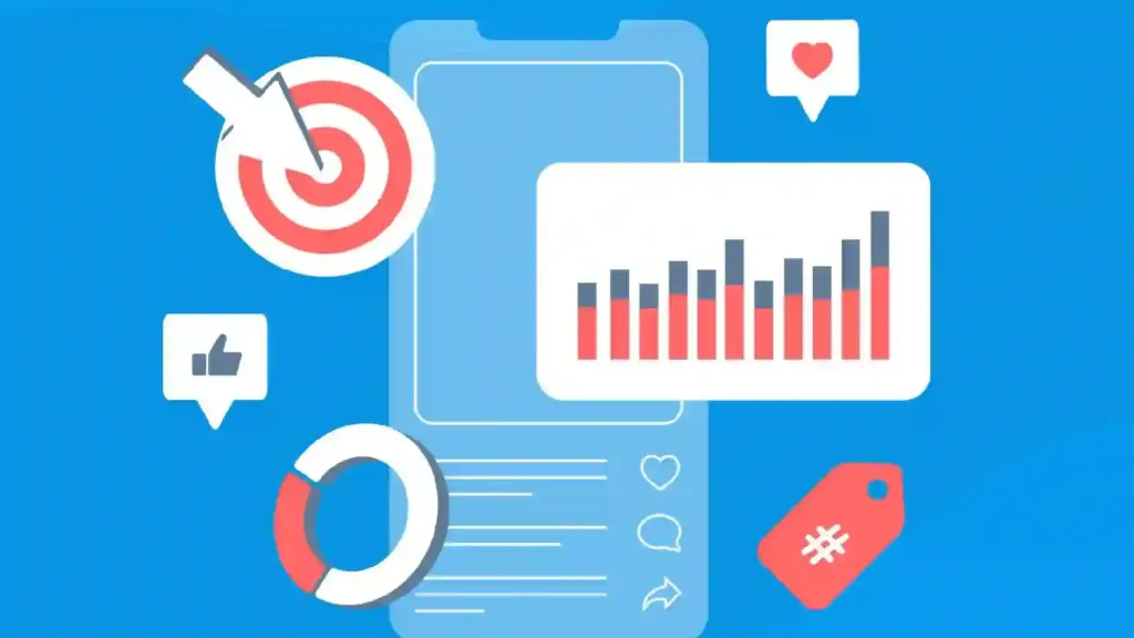 Abstract illustration of social media analytics with a bar chart, like and heart icons, and a target symbol on a blue background
