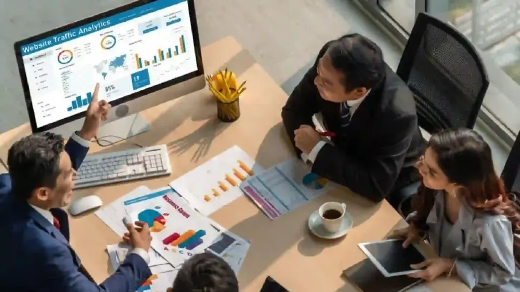 Overhead view of a business team gathered around a desk, analyzing a large monitor showing charts and traffic analytics ge data.