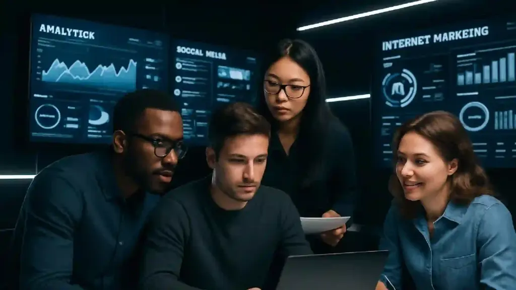 Four professionals collaborate around a laptop in a dark, high-tech room with data dashboards on screens behind them, showing charts and metrics.
