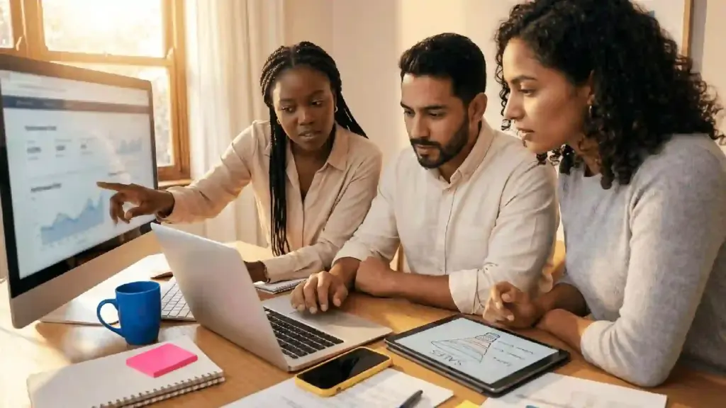 Three colleagues collaborate at a desk, examining a large monitor with graphs while one points at the screen.